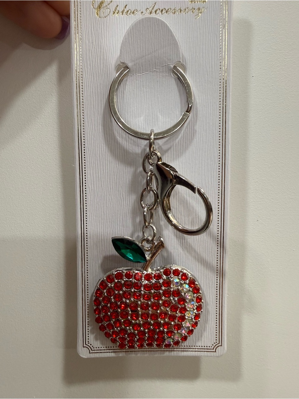 Keychain Crystal Apple with Green Leaf silver hardware new